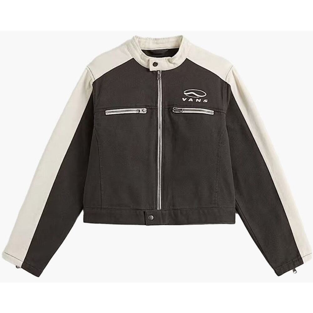 Vans Ryden Biker Jacket Women XS Gray White Full Zip Embroidered Logo New
